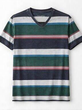 American Eagle L Large Outfitters Navy Green & Gray Striped V-Neck Tee